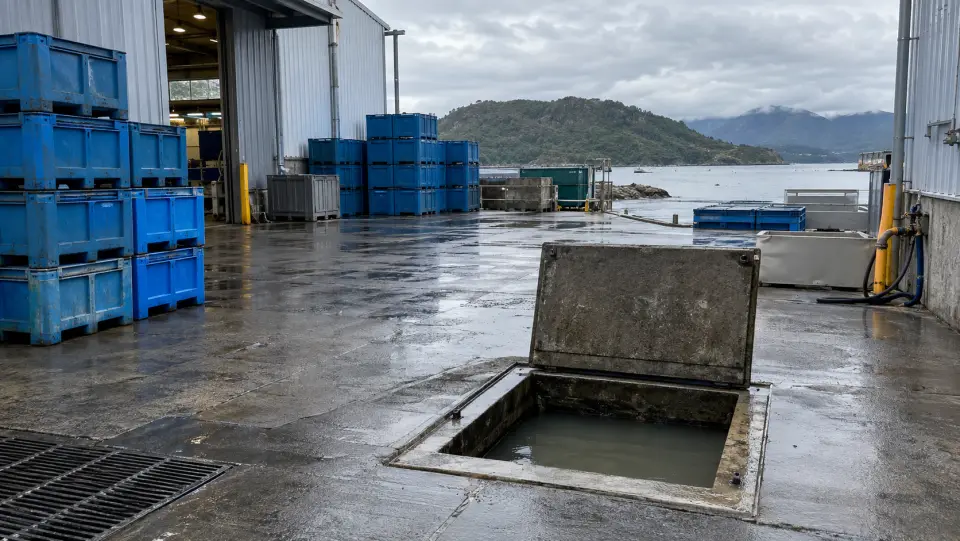 Cámara de hormigón abierta con agua turbia en el patio mojado de una planta pesquera frente al mar del sur